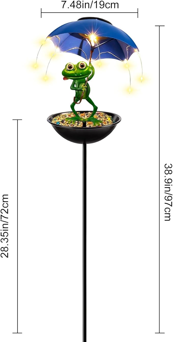 Solar Bird Feeder Frog Garden Decor, Outdoor Solar-Lights Frog Figurine Lights with Umbrella, Hummingbird-Feeder Decorative Path Lights Gardening Gifts for Women, Yard Art Ornament Bird Feeder Blue