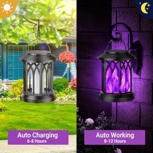 KOOPER 4 Pack Solar Lantern Outdoor Lights, Upgraded Flickering Flame Solar Lanterns Lights Outdoor Waterproof, Hanging Lantern Decorative, Solar Powered Lanterns for Yard Garden Decor (Purple Light)
