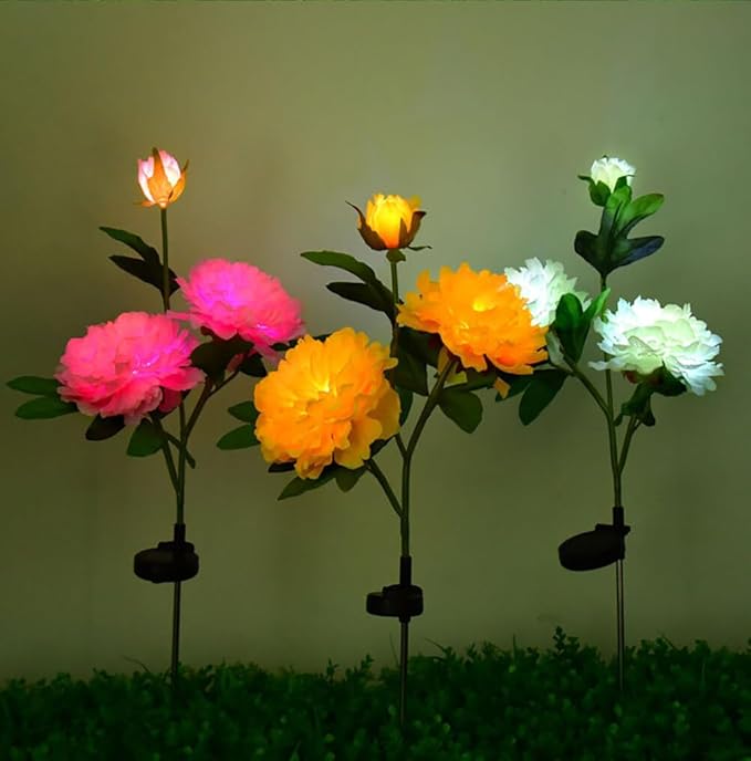 Solar Peony Flower Lights 2pcs Waterproof Garden Outdoor Lights Led Decorative Flowers Stake Light for Home Backyard Pathway Patio Yard Walkway Decoration (Rosy)