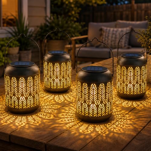 LeiDrail Peacock Feather Solar Lanterns, Outdoor Hanging Lights, 4 Pack