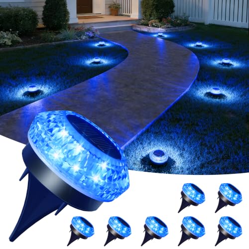 VOLISUN Solar Ground Lights Outdoor,8 Pack Flat Solar Pathway Lights,IP67 Waterproof Solar Powered Disc Lights,Landscape Lighting for Garden Yard Walkway Patio Driveway,Blue