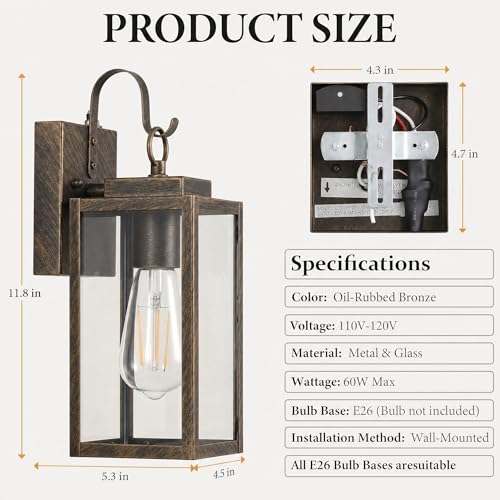 Black Brush Gold Porch Light, Dusk to Dawn Wall Mount Outdoor Light