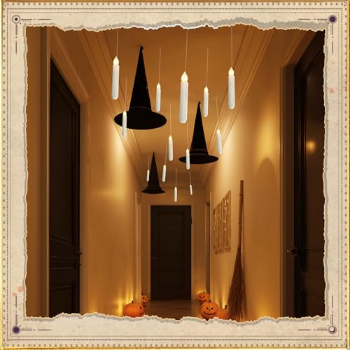 Homemory Hanging Floating Candles with Wand Remote and String, Flying Flameless LED Taper Candles Warm White Light, Battery Operated Window Candles with Wand for Halloween Christmas Party, 20 Pcs