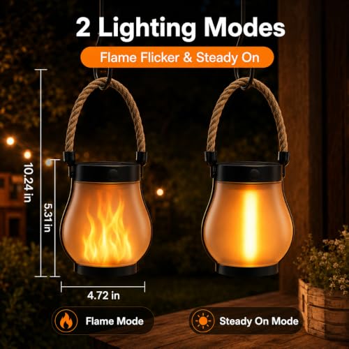 Solar Lanterns Outdoor Waterproof 4-Pack, 2nd Gen Flickering Flame Effect