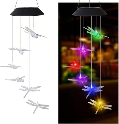 Solar Mobile Lights Hanging Wind Chime, Color Changing Outdoor Solar Garden Decorative Lights for Walkway Pathway Backyard Decoration Parties (Clear Dragonfly)