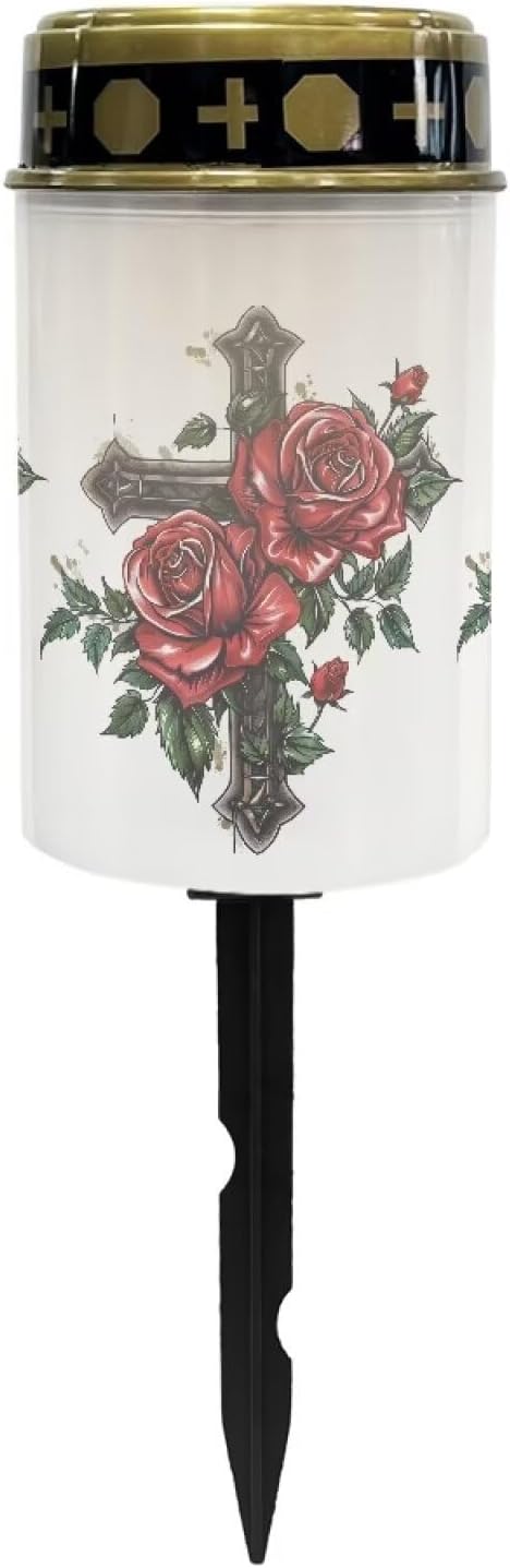 Cross Red Rose Solar Garden Lights Outdoor, Cross Solar Lights Outdoor Waterproof Solar Powered Lights for Outside Patio Yard Pathway