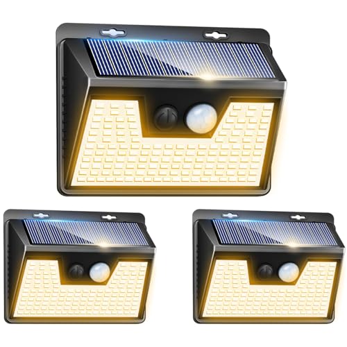 Solar Lights Outdoor Waterproof [3 Pack/140LED], Warm White Motion Sensor Lights Dusk to Dawn, 3 Modes Solar Fence Security Lighting for Wall Garden Yard Stair Outside