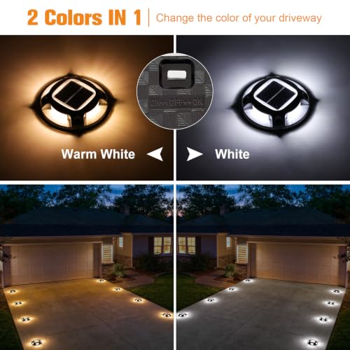 VOLISUN Solar Driveway Lights Dock Marine Lights 4 Pack,2 Colors in 1,Outdoor LED Deck Lights,Solar Powered Waterproof Warning Step Lights for Driveway Sidewalk Pathway (White/Warm White)