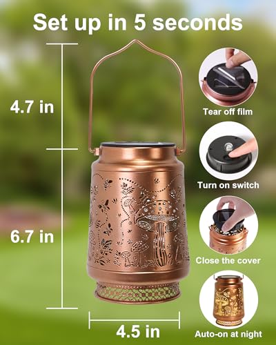 2 Pack Mushroom Solar Lanterns Outdoor Waterproof, Garden Decor Birthday Gifts for Women Mom Grandma Sister, Metal Hanging Solar Lights Outside Decorative for Backyard Patio Lawn Pathway Landscape