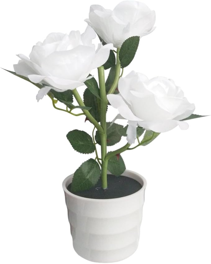 LED Solar Power Decorative Artificial Rose Flower Pot Plant Landscape Light Night Lamp Outdoor Garden Yard Pathway Lawn Grassland White