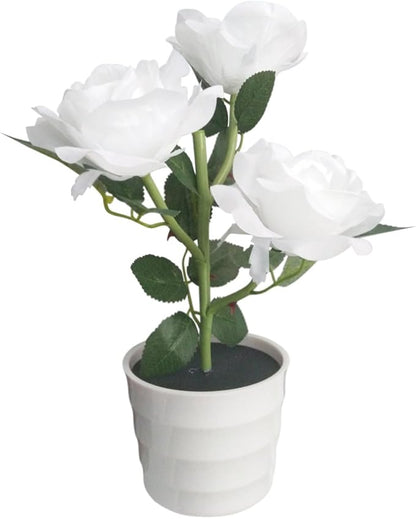 LED Solar Power Decorative Artificial Rose Flower Pot Plant Landscape Light Night Lamp Outdoor Garden Yard Pathway Lawn Grassland White