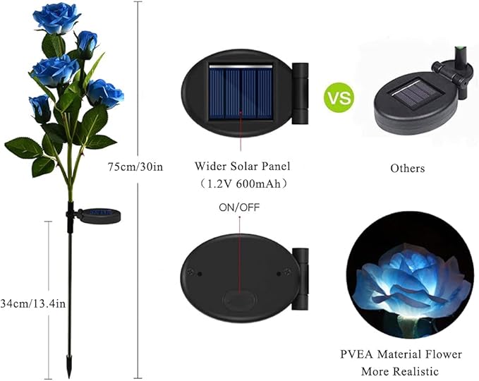Decorman Solar Garden Rose Lights - 2 Pack Realistic Outdoor Flower Lights, Waterproof LED Stake Landscape Decorative for Garden, Lawn, Yard, Pathway, Patio, Backyard (Blue, 10 Roses)