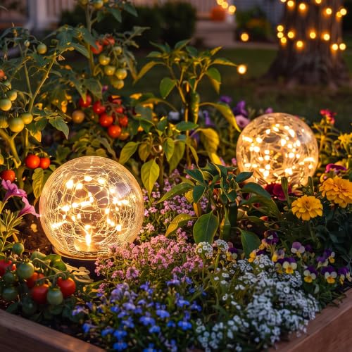 2 Pack 3.94" Warm White Solar Powered Cracked Glass Globe Lights
