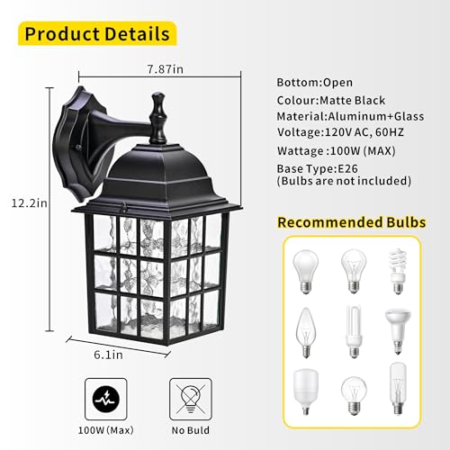 Outdoor Wall Light Fixtures Waterproof Exterior Sconce Lights Anti-Rust Exterior Lighting Fixtures Black Outdoor Wall Lantern for Porch Patio Front Door Garage House