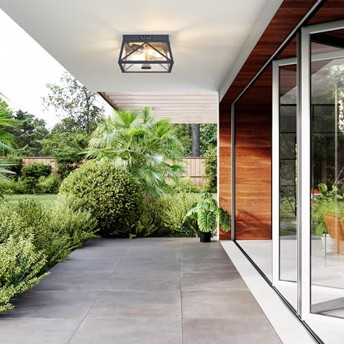 Tarentlight Adjustable Outdoor Motion Sensor Ceiling Light,10" Modern Industrial Design of Squares Flush Mount 2-Light with Clear Glass for Your Porch,Garage,Patio,Hallway,Entryway