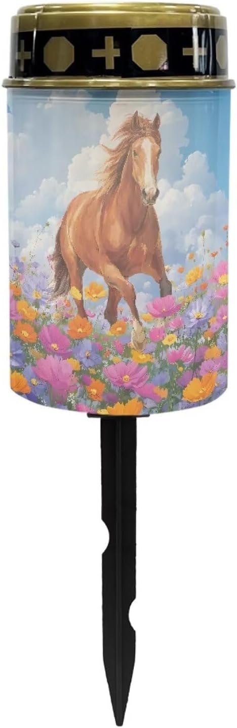 ZOUTAIRONG Solar Light for Cemetery Grave Garden Lights Flower Horse Pattern Solar Powered Pathway Lights Outdoor Cemetery Lamp-1 Pack