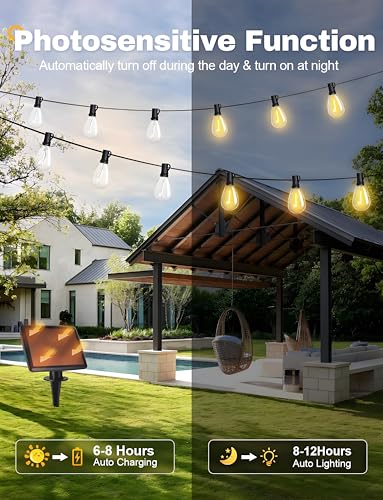 Likesky 50FT Solar String Lights Outdoor with Remote,18+1LED Shatterproof Bulbs & USB Port, Waterproof 3 Modes Dimmable Solar Lights for Backyard, Patio, Camping