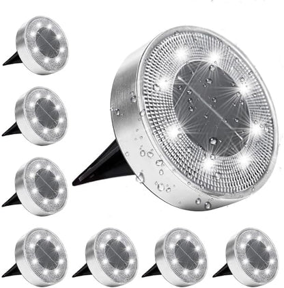 Siatom Stainless Steel Solar Ground Lights 8 Pack, IP68 Waterproof Solar In-Ground Light for Outdoor, Flat Landscape Lighting, Garden Disc Light for Pathway, Walkway, and Yard - 8 Pcs (Cold White)