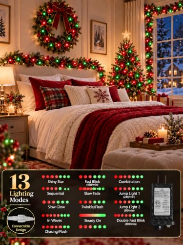 Connectable 100LED 43FT Red and Green Christmas String Lights Indoor