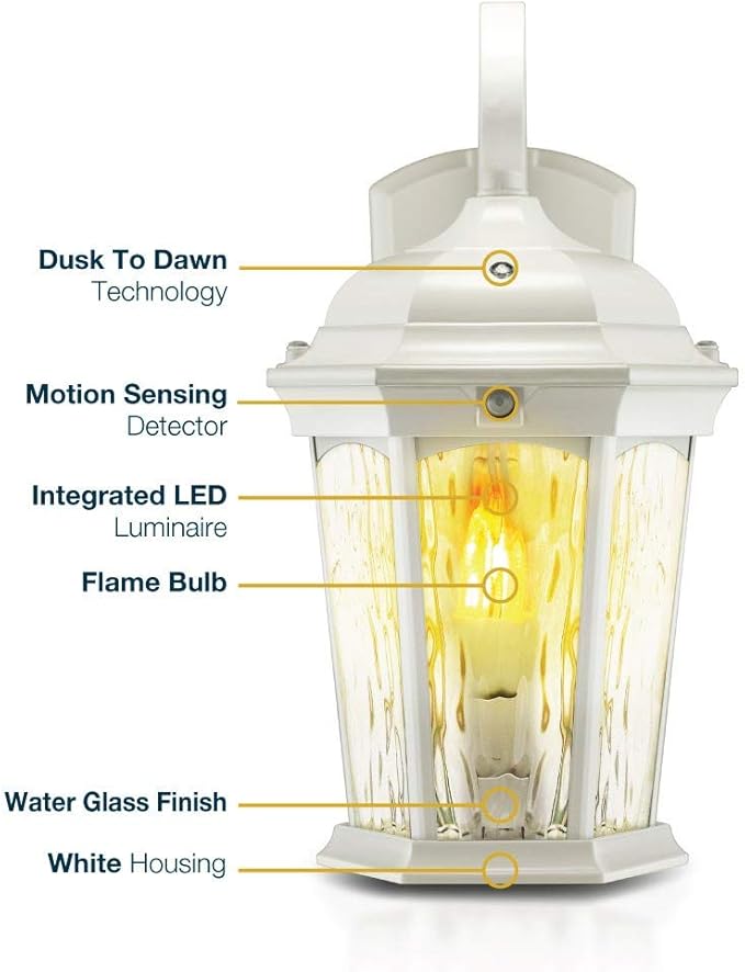 Euri Lighting EFL-140W-MD Flickering Flame Lantern with Integrated Security Light (3000K), Photocell and Motion-Sensor (Dusk-to-Dawn), White Housing(1 Pallet of 44 Packs)