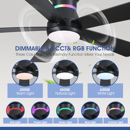 Surtime 46" Black Ceiling Fans with RGB Lights - Flush Mount Ceiling Fan Light with LED 3CCT Dimmable, Modern Low Profile Ceiling Fans for Indoor Party,Covered Outdoor