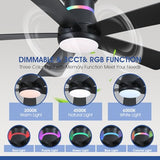 Surtime 46" Black Ceiling Fans with RGB Lights - Flush Mount Ceiling Fan Light with LED 3CCT Dimmable, Modern Low Profile Ceiling Fans for Indoor Party,Covered Outdoor