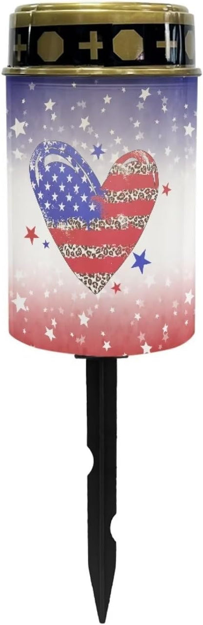 American Flag Heart Garden Solar Outdoor Lights Eternal Light Lawn Lamp Waterproof Solar for Outside Cemetery Garden Decorations Yard Lawn Pathway Figurines