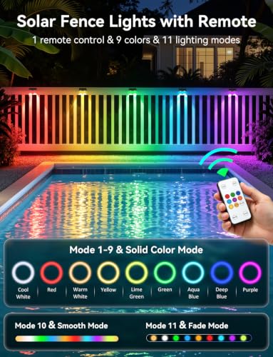 Solar Fence Lights Outdoor with Remote, 4 Pack 9 Colors & 11 Lighting Modes Fence Lights Solar Powered Waterproof IP65 Color Changing Solar Lights for Fence Garden Yard Patio Deck Step Wall