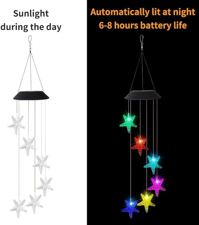 Solar Mobile Lights Hanging Wind Chime, Color Changing Outdoor Solar Garden Decorative Lights for Walkway Pathway Backyard Decoration Parties (Sea Star)