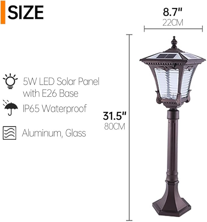 Vintage Solar Pathway Light Brown Aluminum Landscape Path Light Solar Glass Bollard Lantern IP65 Waterproof Outdoor Floor Lamp for Lawn Courtyard Garage Driveway Porch