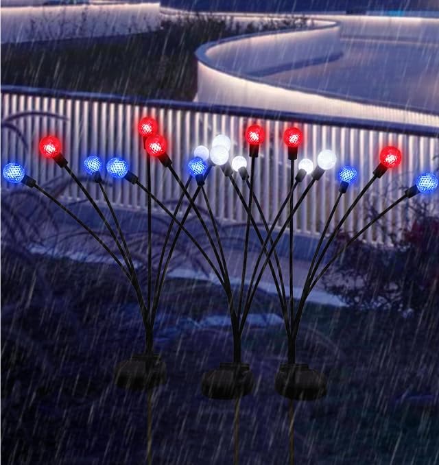 Solar Powered Garden Lights, Red White Blue Firefly Branch Lights, LED Decorative Stake Lights for Outdoor Pathway | Lumora
