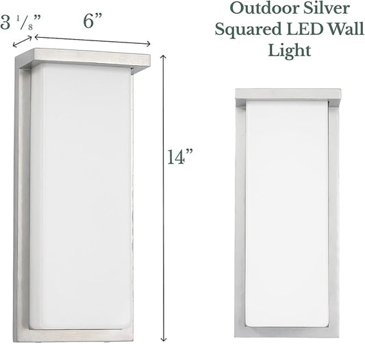 Hamilton Hills 14 Inch Silver Squared Flush Mount Outdoor Light Fixture | Modern Front Door Exterior Light 3000K Frosted Lens Wall Sconce | Outside LED Porch Lights with Brushed Nickel Finish