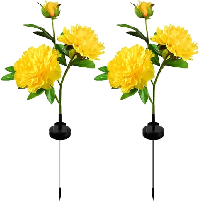 Solar Peony Flower Lights 2pcs Waterproof Garden Outdoor Lights Led Decorative Flowers Stake Light for Home Backyard Pathway Patio Yard Walkway Decoration (Yellow)