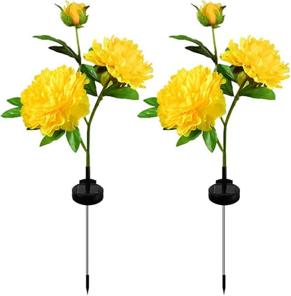 Solar Peony Flower Lights 2pcs Waterproof Garden Outdoor Lights Led Decorative Flowers Stake Light for Home Backyard Pathway Patio Yard Walkway Decoration (Yellow)