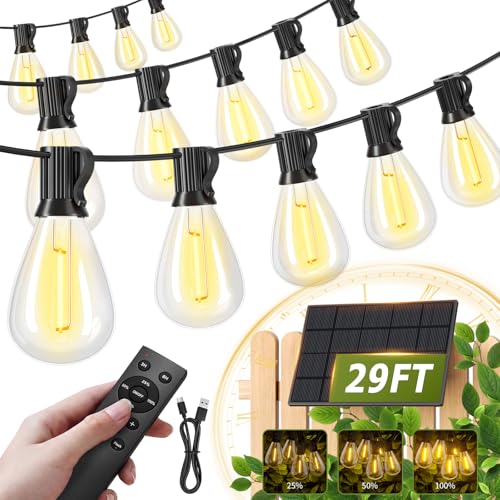 30FT Solar String Lights Waterproof, 10+1 LED Shatterproof Bulbs Solar Powered with Remote & USB Port, 3 Modes Dimmable Outdoor Lights for Patio, Garden, Camping