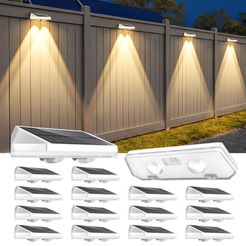 Solar Fence Lights Outdoor ,3000/4500/6000K 13 Mode, 16 Pack Fence Lights Solar Powered with Ultra-Bright Lens IP65 Waterproof,Solar Wall Light for Backyard/Step/Patio/Deck/Stair/Railings(White)