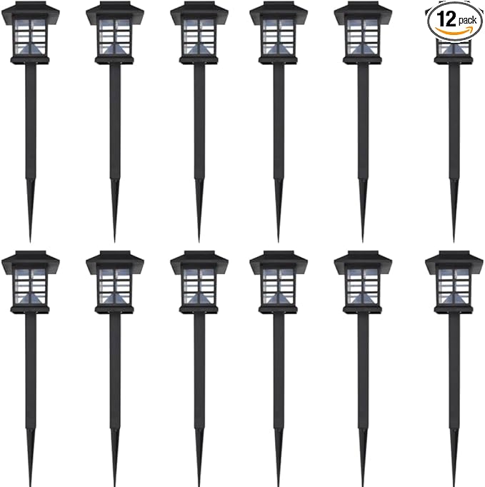 vidaXL Outdoor Solar Lamp Set - 12 pcs LED Light with Sensor, Spike, and Rechargeable Batteries - Energy-Efficient and Eco-Friendly - Ideal for Garden, Patio, Path, Yard - Durable Plastic Material