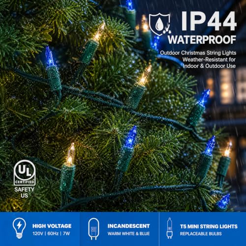 TW SHINE Christmas Mini String Lights, 20FT 100 Count Incandescent Mini Christmas Tree Lights, Waterproof Xmas String Lights for Outdoor Indoor Home Party Yard Decorations, Warm White and Blue