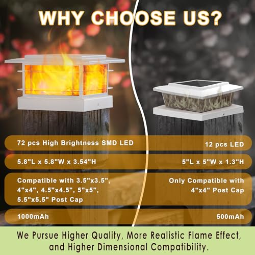 2 Pack Solar Post Cap Lights Outdoor with Flickering Flame Light, White Shell Fence Post Solar Lights Fit 4x4 5x5 Vinyl/Wooden Posts, Brightness LED Lighting Decor for Garden Deck Patio