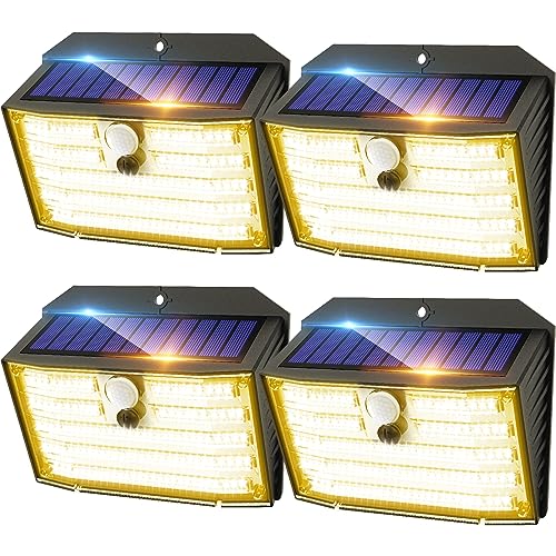 CLAONER Solar Lights Outdoor [𝟒 𝐏𝐚𝐜𝐤/126 LED], Wireless Motion Sensor Lights, IP65 Waterproof Security Lights 3 Modes, 270° Lighting Angle, Ultra-Bright Wall Lights for Deck Patio Fence Garage