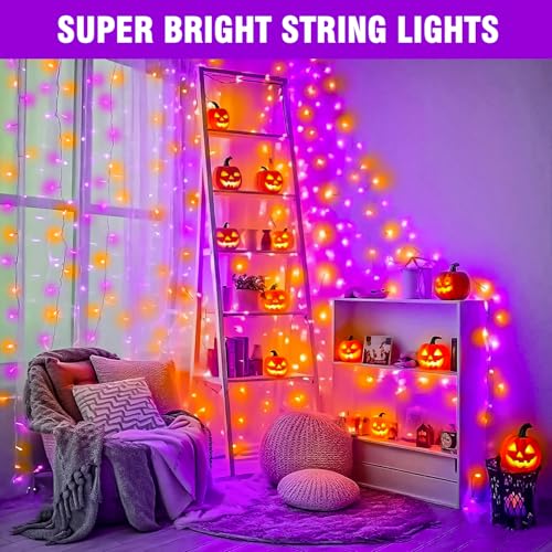 100FT Purple Orange Halloween Lights, Clear Wire Plug-in String Lights