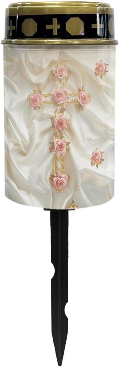 Cross Flower Solar Landscape Lights Outdoor Soft White Solar Cemetery Lights for Grave Solar Cemetery Lamp Blessed Candles for Home Memorial Decoration,Yard Path Stake Lights