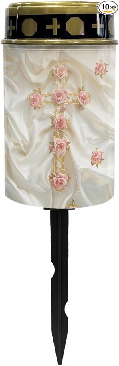 Cross Flower Solar Landscape Lights Outdoor Soft White Solar Cemetery Lights for Grave Solar Cemetery Lamp Blessed Candles for Home Memorial Decoration,Yard Path Stake Lights