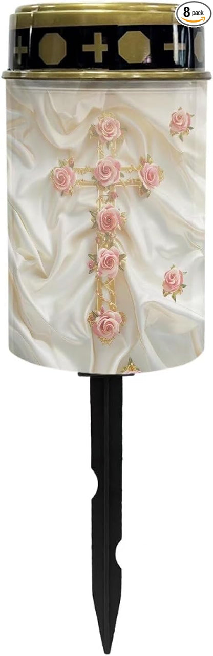 Cross Flower Solar Landscape Lights Outdoor Soft White Solar Cemetery Lights for Grave Solar Cemetery Lamp Blessed Candles for Home Memorial Decoration,Yard Path Stake Lights