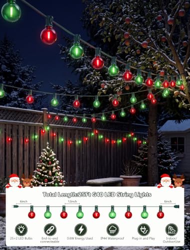 25Ft G40 LED Red Green Outdoor String Lights, 27 Shatterproof Globe Bulbs