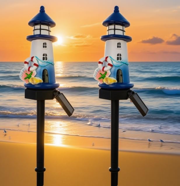 2 Pack Solar Lighthouse Outdoor Garden Lights for Patios, Lawns, and Pathways with Resin Construction for Weather Resistance