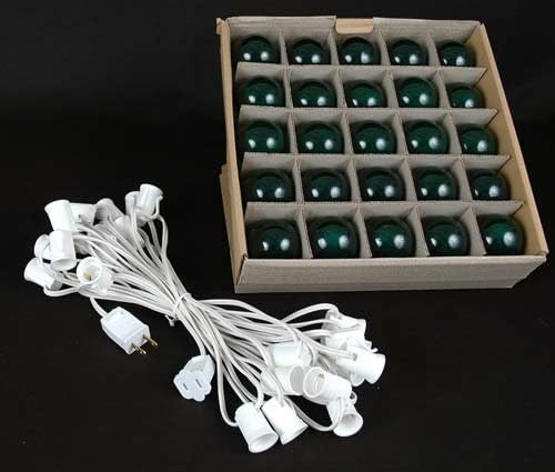 G50 Patio String Lights with 25 Green Globe Bulbs – Wedding Outdoor String Lights – Market Bistro Café Hanging String Lights – Patio Garden Umbrella Globe Lights - White Wire - 25 Feet
