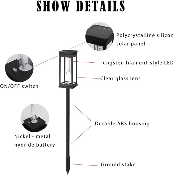 Solar Pathway Lights Outdoor, LED Garden Stake Light with Automatic Charging, Black ABS Plastic, 21.26 Inch Height, Warm White 3000-4000K, Ground Mount Landscape Lighting (Black Square, 4, Count)