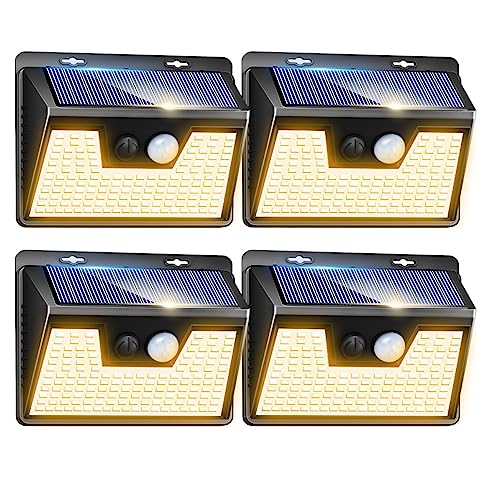 Solar Lights Outdoor Waterproof, 4Pack 140LED Solar Motion Sensor Wall Lights, 3 Modes Solar Powered Fence Security Lights for Patio Step Deck House Outside(Warm White)