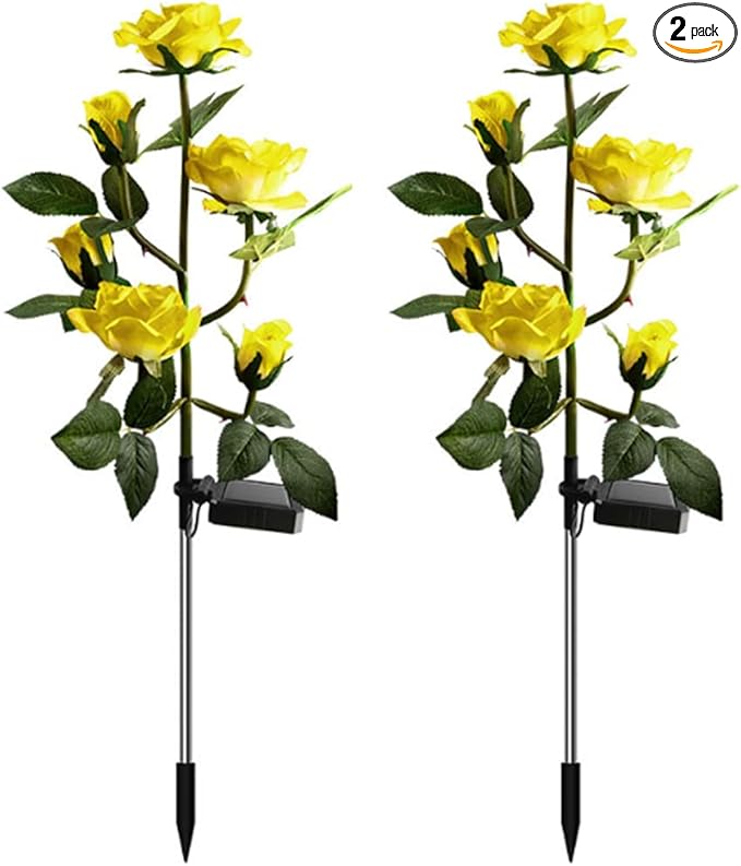 Aolyty Solar Garden Lights Outdoor, Solar Powered Stake Flower Light, IP65 Waterproof Solar Decorative Rose Flowers Lights for Patio Pathway Yard Lawn Decor (Yellow, 6 Rose)